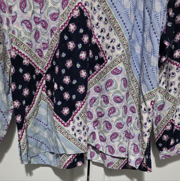 LOFT Paisley Boho Floral Patchwork Linen Blend Peasant Blouse 3/4 Raglan Sleeve - Picture 4 of 13